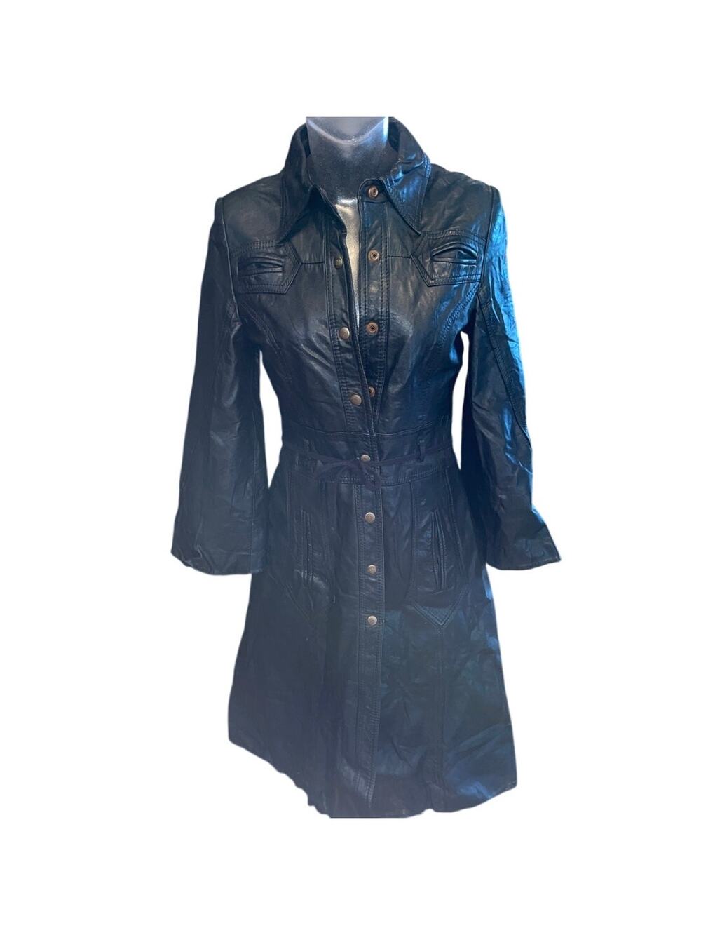 AMAZING VINTAGE Long Leather Jacket Black XS Y2K GRUNGE CYBER GOTH THE MATRIX